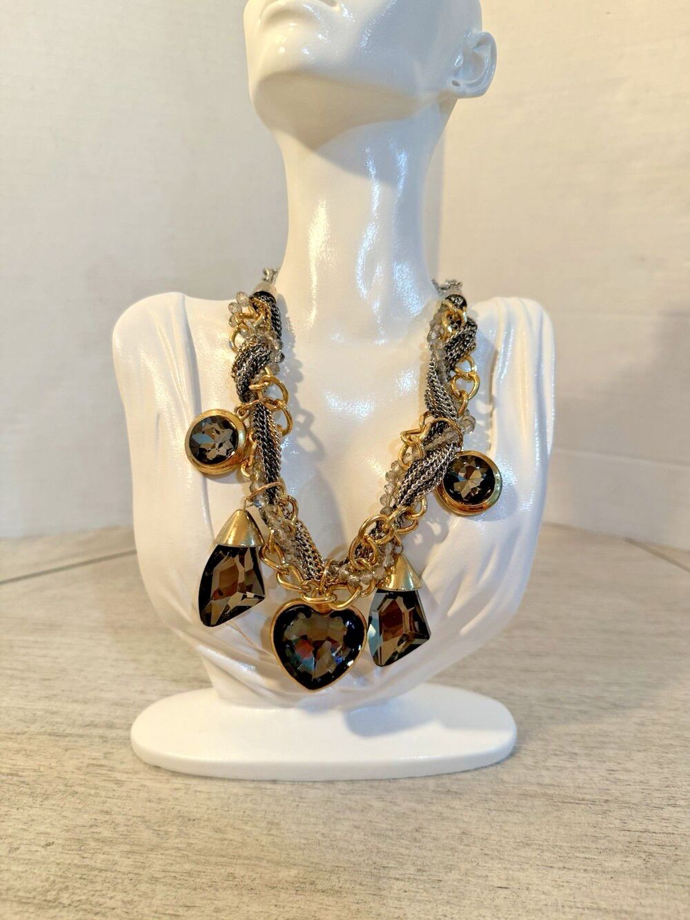 Traci Lynn Charmed Multi Strand Chain Necklace Chunky Crystal Heart Pendant‎